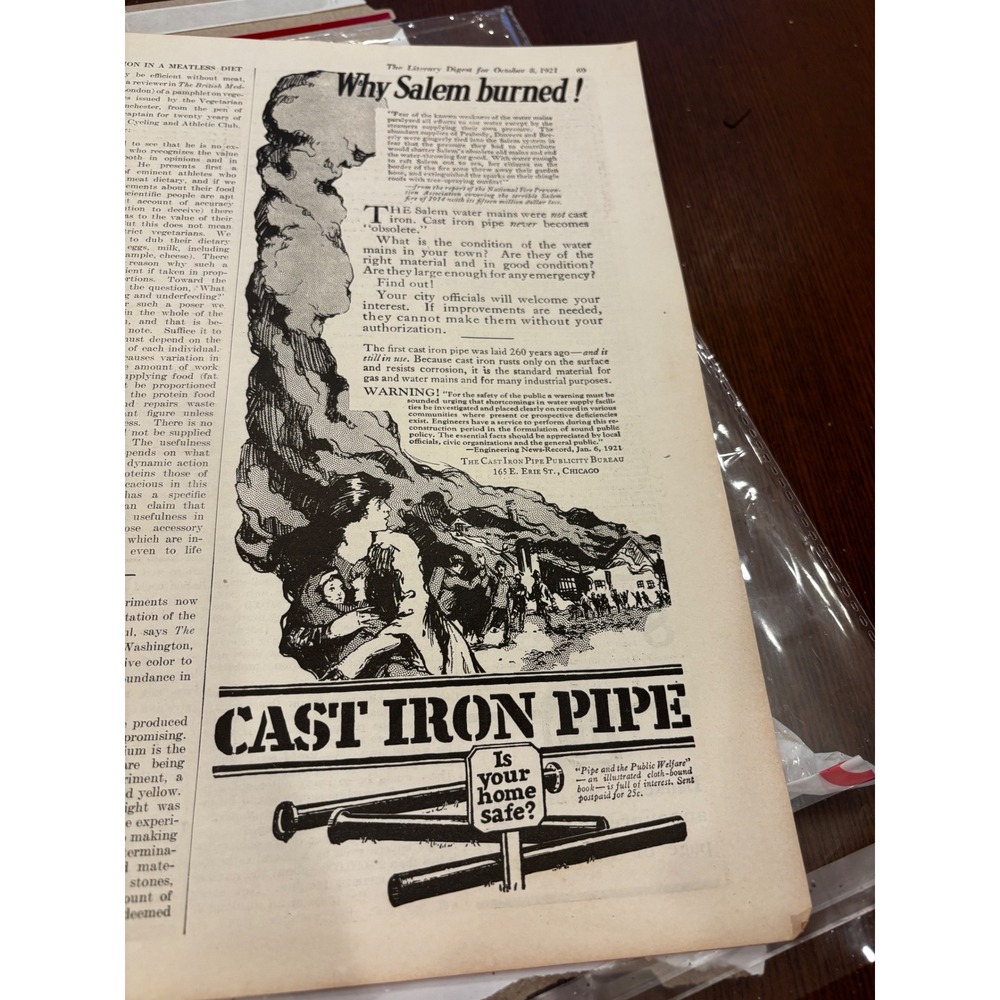 Vintage 1921 Cast Iron Pipe Print Ad Why Salem Burned Massachusetts Ephemera